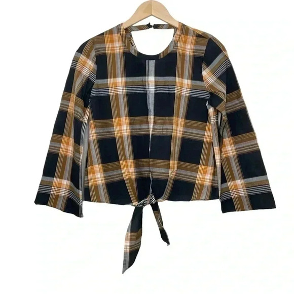 Madewell Plaid Tie Front Top Black Brown Size Small - Picture 1 of 4